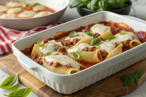 Creamy ricotta beef stuffed shells baked with melted cheese