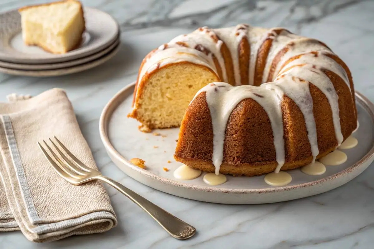 Sliced moist bundt cake served on plate