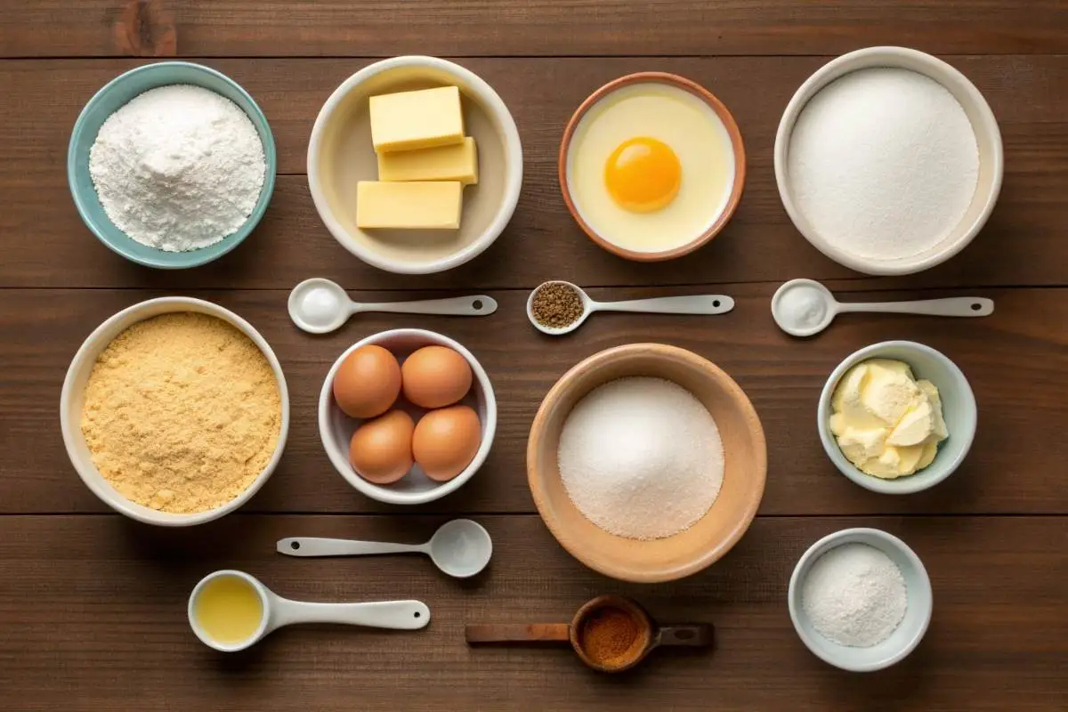 Bundt cake ingredients on wooden table