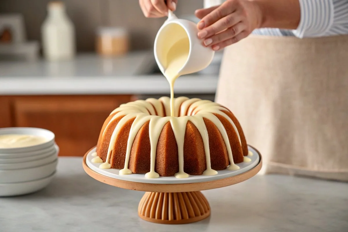 Pouring glaze over a bundt cake